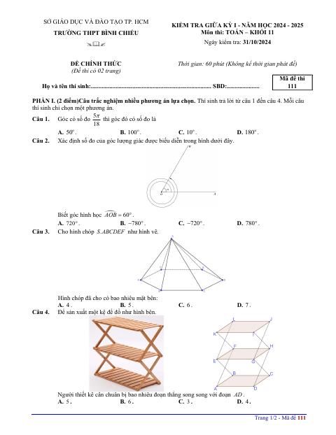 Đề thi Giữa kì 1 Toán 11 năm 2024-2025 trường THPT Bình Chiểu (TP Hồ Chí Minh)